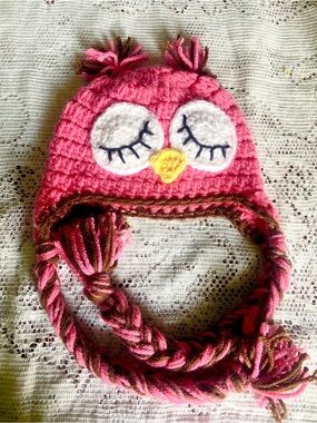 Pink Owl Earflap Beanie for Kids with Braided Tassels